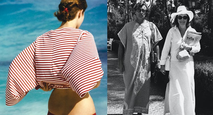 A collage of vacation imagery: a woman in breton stripes on the beach, a couple walking in caftans, ...