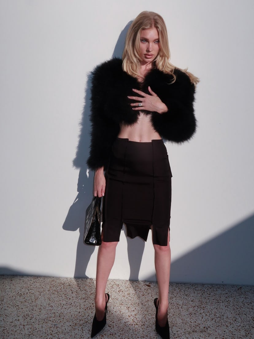 Elsa Hosk wears a black set.