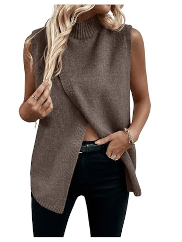 Verdusa Women's Fall Outfits Sweater Vest Mock Neck Sleeveless Knit Tops Pullovers Quiet Luxury Clot...