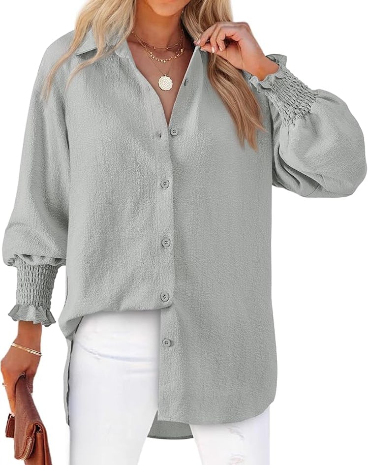 Gleeivy Button Down Shirts Puff Sleeve Oversized Blouse