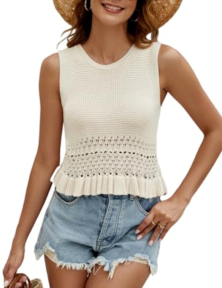 CiCiBird Women Cute Crop Sweaters Vest Knit Sleeveless Pullover Tops Crochet Ruffle Hem Tank Beige M