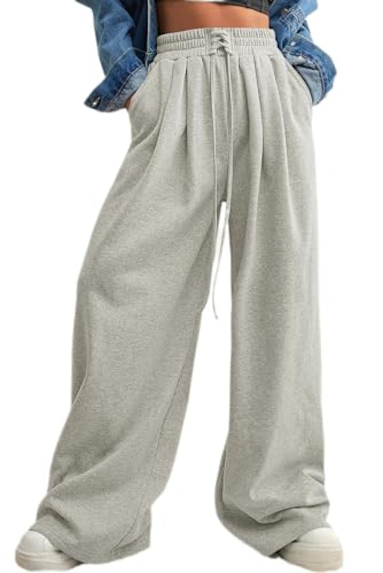 Aleumdr Woman Wide Leg Sweatpants 2025 Fall Winter Trendy Palazzo Baggy Pants High Waist Drawstring ...