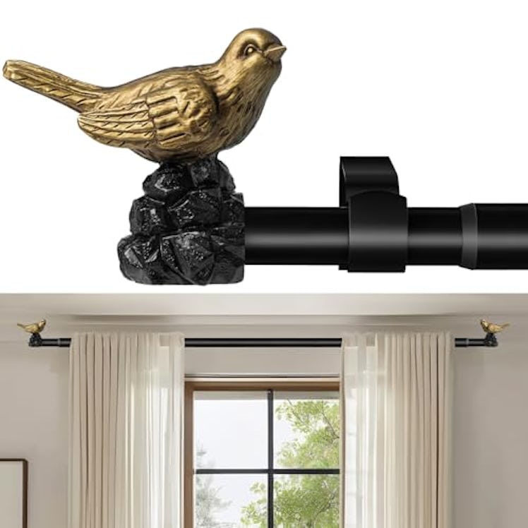 KVEEO Adjustable Gold Curtain Rod With Bird Finials