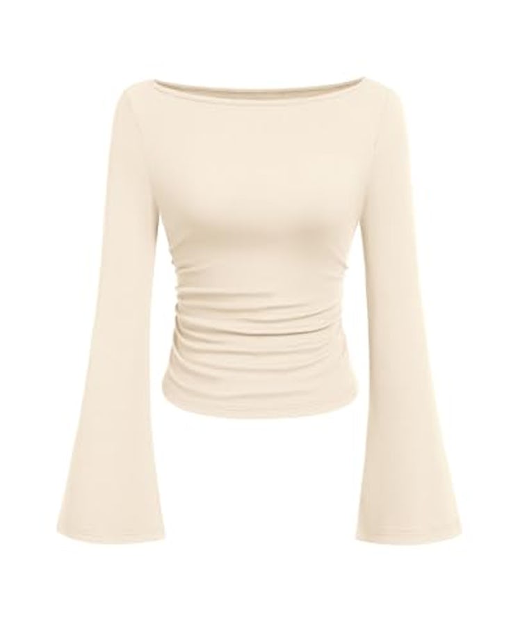 PRETTYGARDEN Women's Long Sleeve Shirts 2025 Fall Crop Going Out Tops Casual Boat Neck Bell Sleeve R...