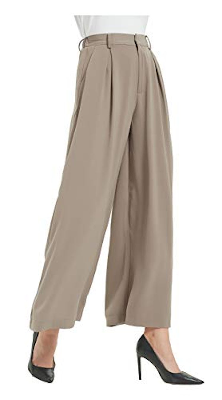Tronjori Women High Waist Casual Wide Leg Long Palazzo Pants Trousers Regular Size(L, Mocha Short)