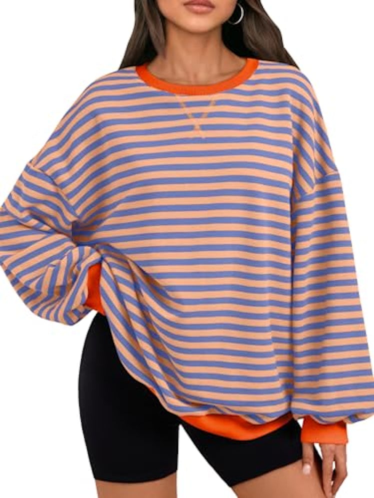 Trendy Queen Oversized Sweatshirt for Women 2025 Fall Crewneck Striped Long Sleeve Shirts Hoodies Cu...