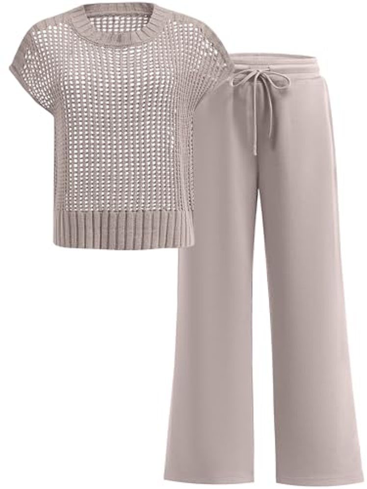 ANRABESS Women Two Piece Outfits Crochet Sheer Knit Sweater Top Wide Leg Pants Lounge Matching Sets ...