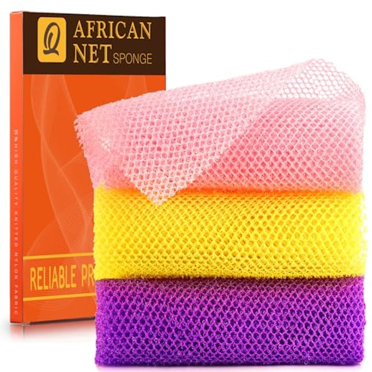UJFQBH 3 Pieces African Bath Sponge African Net Long Net Bath Sponge Exfoliating Shower Body Scrubbe...