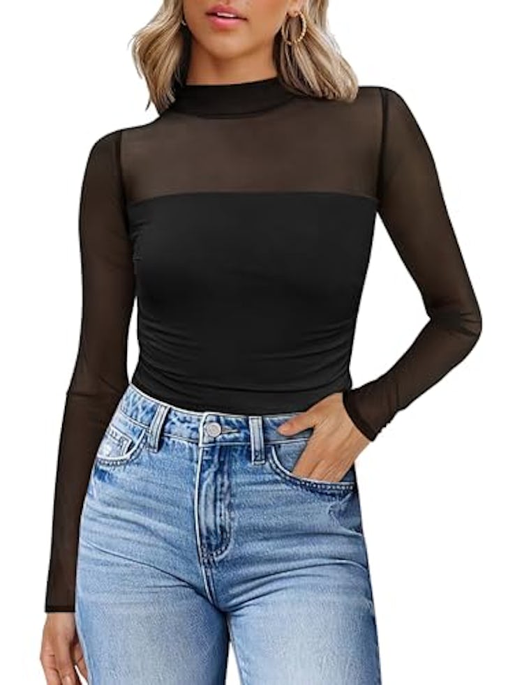 WIHOLL Sheer Mock Neck Top