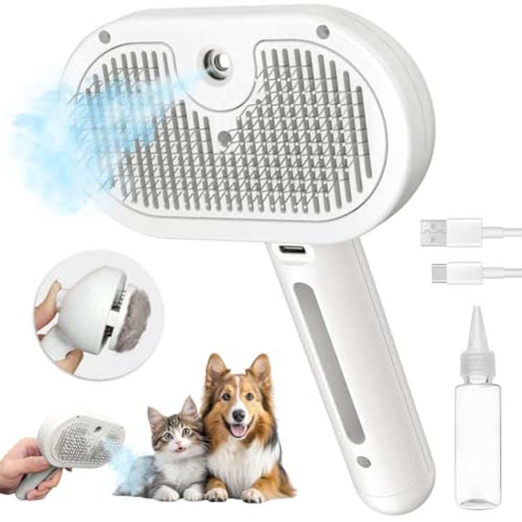 Pecait ​Cat Steam Brush for Shedding, 3 In 1 Steam Pet Brush Self Cleaning, Dog Brush for Long and S...