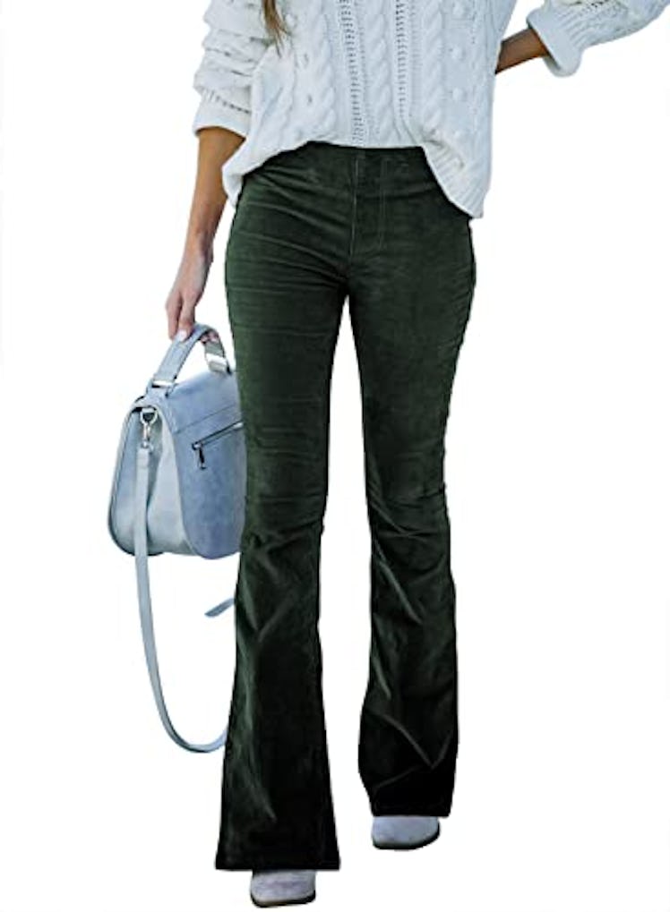Sidefeel Women's Corduroy Flare Pants Elastic Waist Bell Bottom Trousers X-Small Green