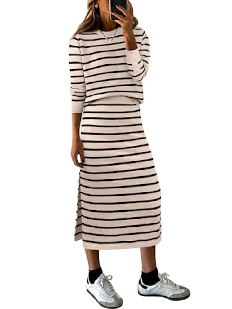 ANRABESS 2 Piece Skirts Sets For Women Fall Fashion 2025 Striped Sweater Midi Dress Knit Lounge Trav...