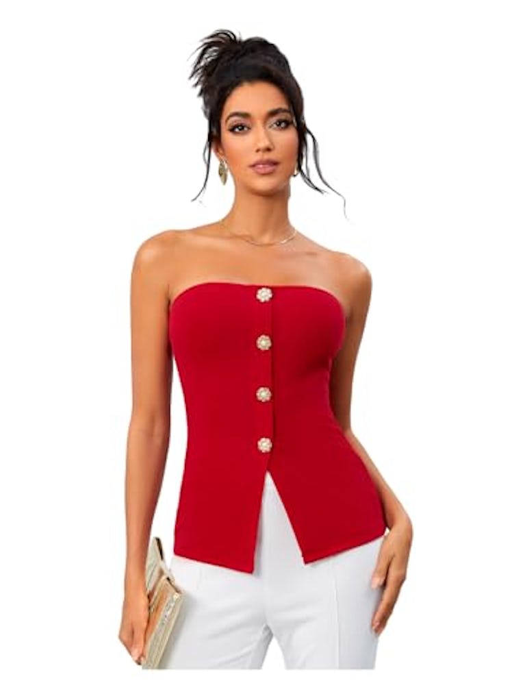 OYOANGLE Summer Going Out Tops for Women 2025 Button Front Sleeveless Strapless Tube Top Dark Red L