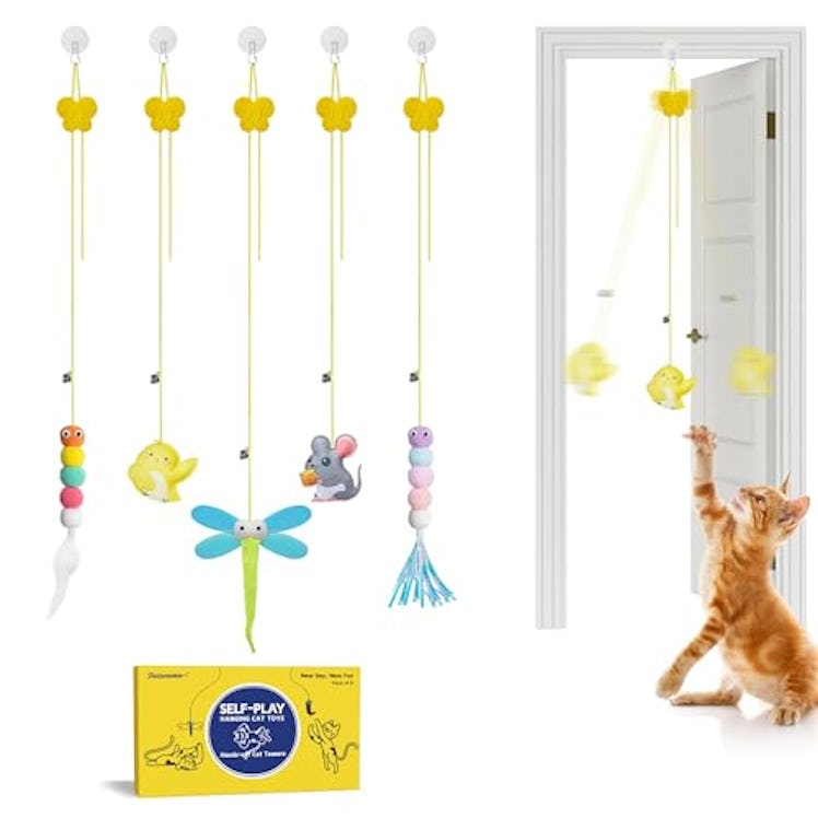 Potaroma Interactive Cat Feather Toys 5 Pcs, Cat Teaser Retractable Hanging Indoor Kitten Play Chase...