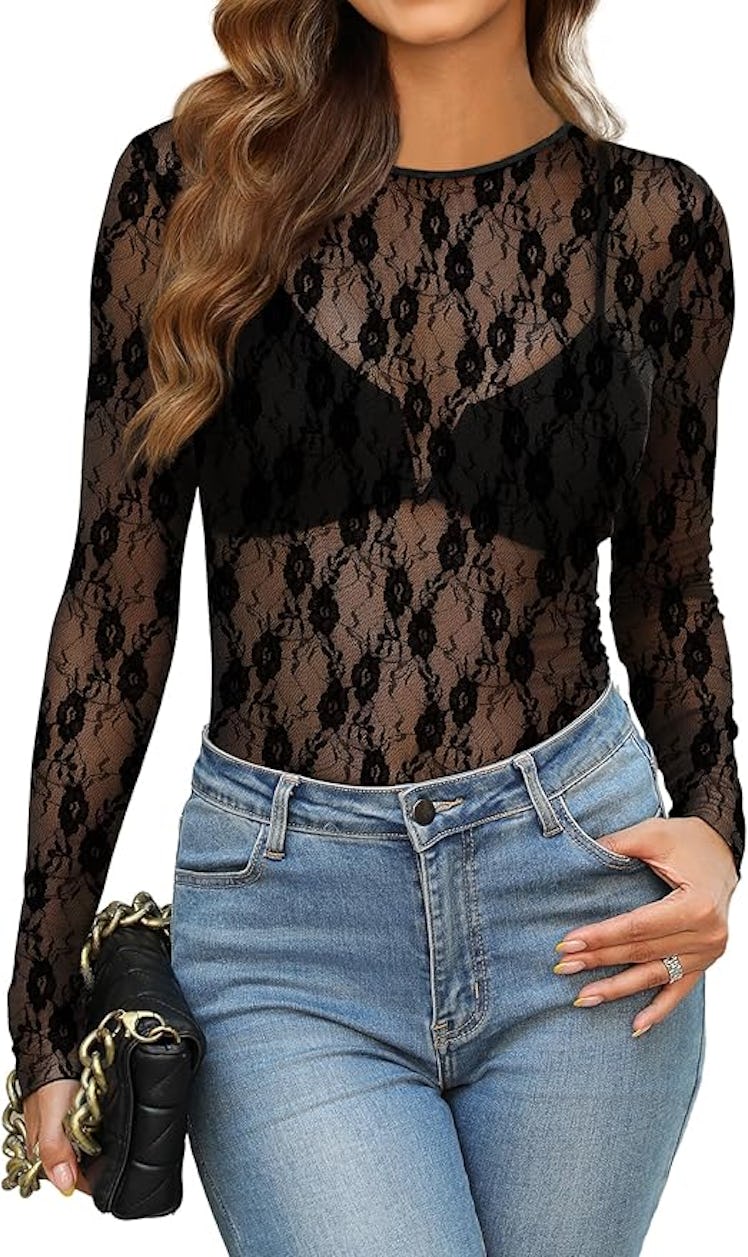 OFEEFAN Mesh Lace Top 