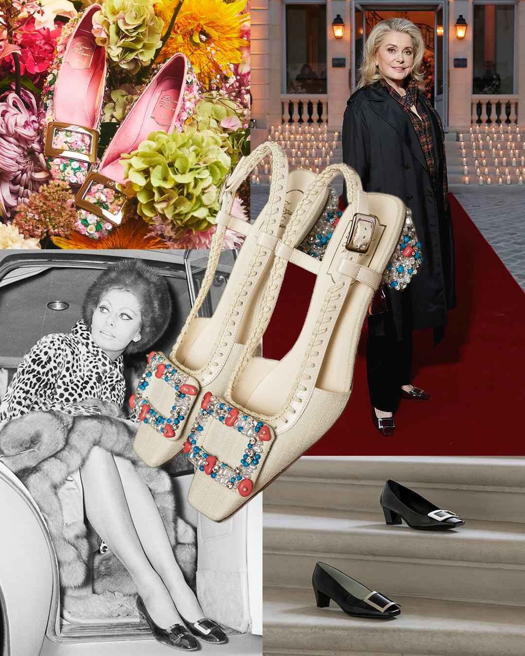 Clockwise from top left: Roger Vivier shoes; Catherine Deneuve wearing Bell Vivier; Sophia Loren wea...
