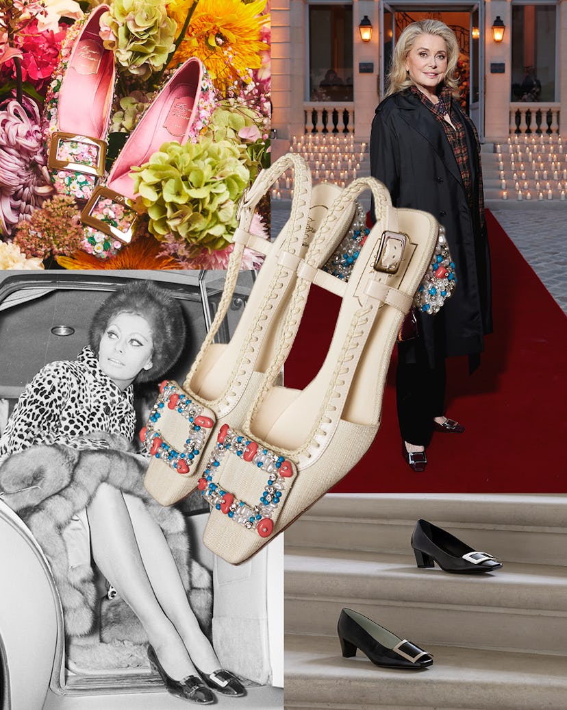 Clockwise from top left: Roger Vivier shoes; Catherine Deneuve wearing Bell Vivier; Sophia Loren wea...