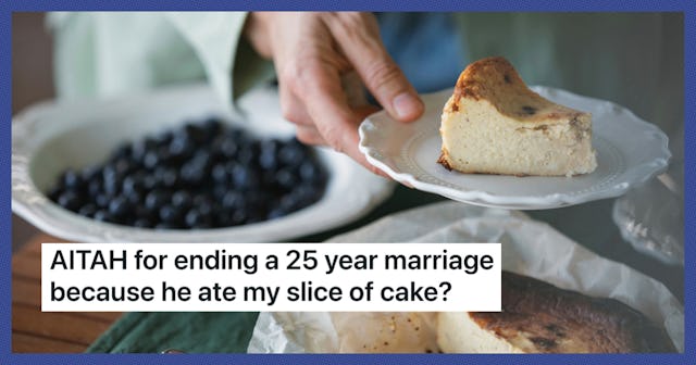 A slice of cake and berries. A woman asked for a divorce after her husband ate her slice of cake.
