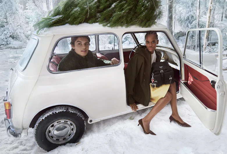 Prada holiday campaign Louis Partridge, Letitia Wright