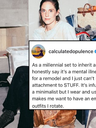A woman sits in a living room surrounded by junk.