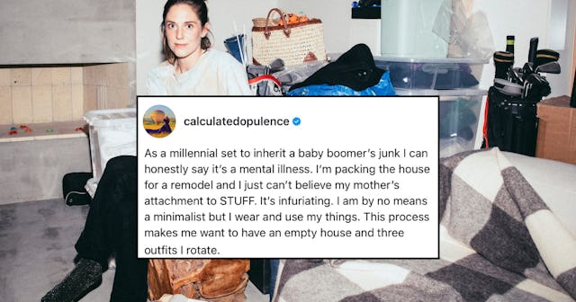 A woman sits in a living room surrounded by junk.