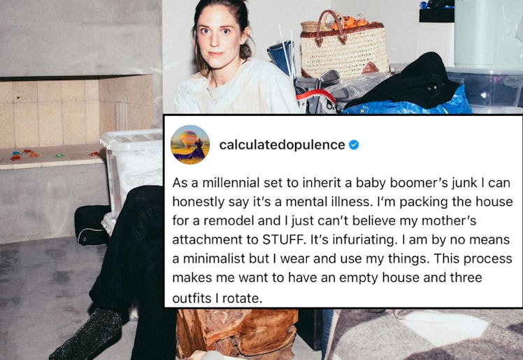 A woman sits in a living room surrounded by junk.