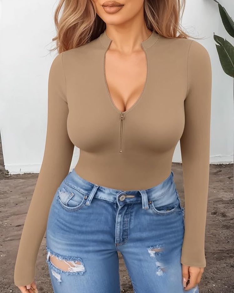 MANGOPOP Long-Sleeve Mock Turtleneck Zip Bodysuit