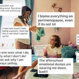 A woman stands in a bedroom folding clothes, while another sits on the bed, surrounded by text boxes...