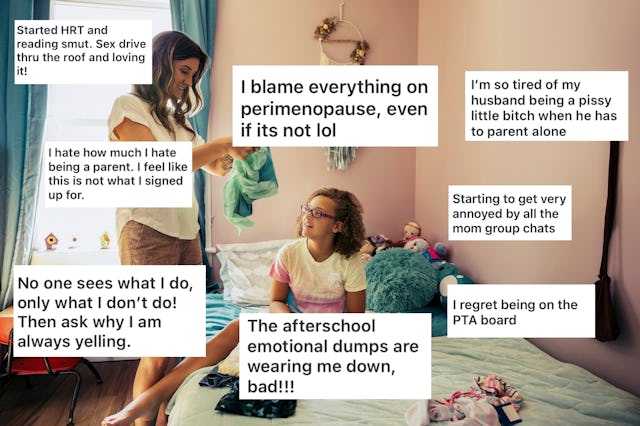 A woman stands in a bedroom folding clothes, while another sits on the bed, surrounded by text boxes...