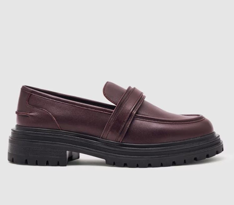 Athena Leather Strap-Detail Lug-Sole Loafers in Burgundy