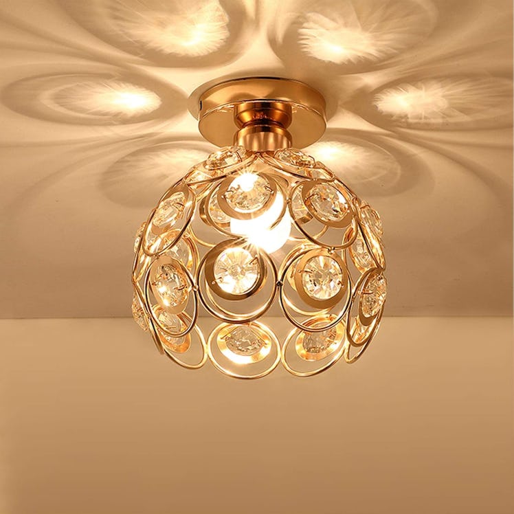 Zevnico Semi Flush Mount Mini Gold Crystal Chandelier 