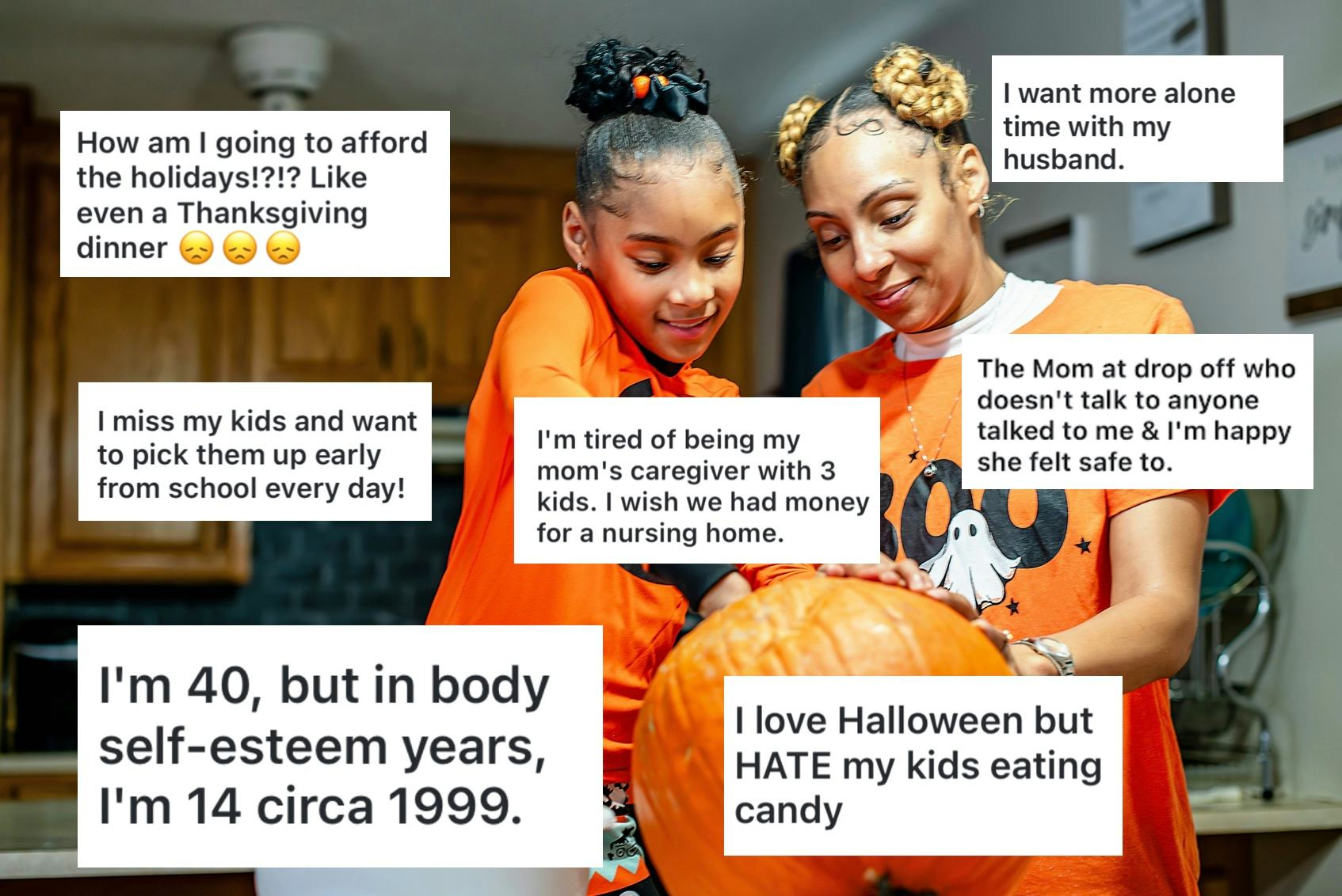 A woman and a child carve a pumpkin together in a kitchen. The image features overlaid text expressi...