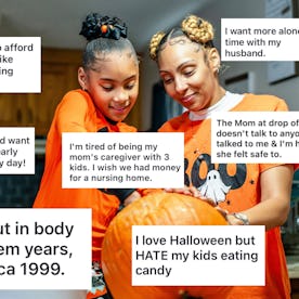 A woman and a child carve a pumpkin together in a kitchen. The image features overlaid text expressi...