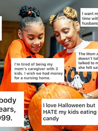 A woman and a child carve a pumpkin together in a kitchen. The image features overlaid text expressi...
