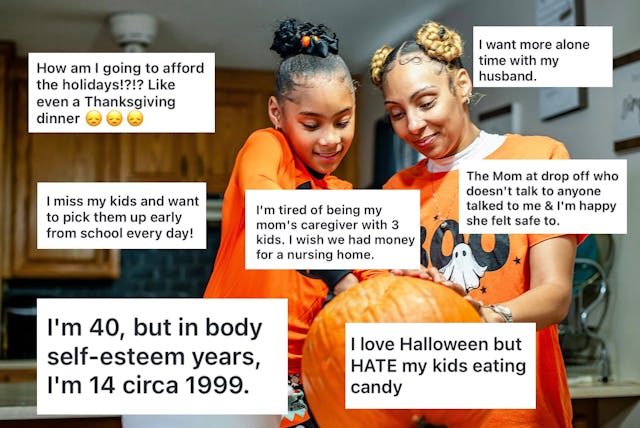 A woman and a child carve a pumpkin together in a kitchen. The image features overlaid text expressi...