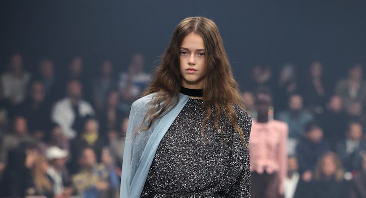 A model walks the runway during the Valentino show as part of Paris Fashion Week on October 05, 2025...