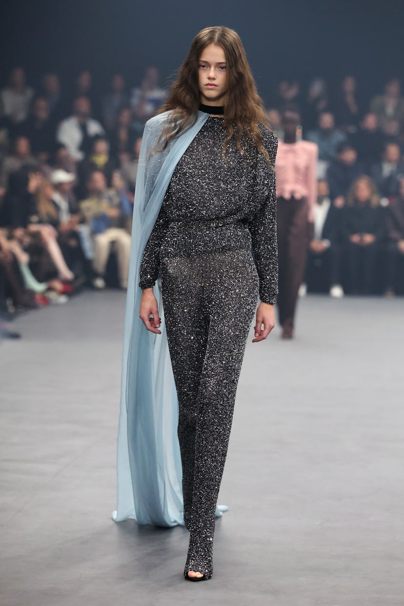 A model walks the runway during the Valentino show as part of Paris Fashion Week on October 05, 2025...