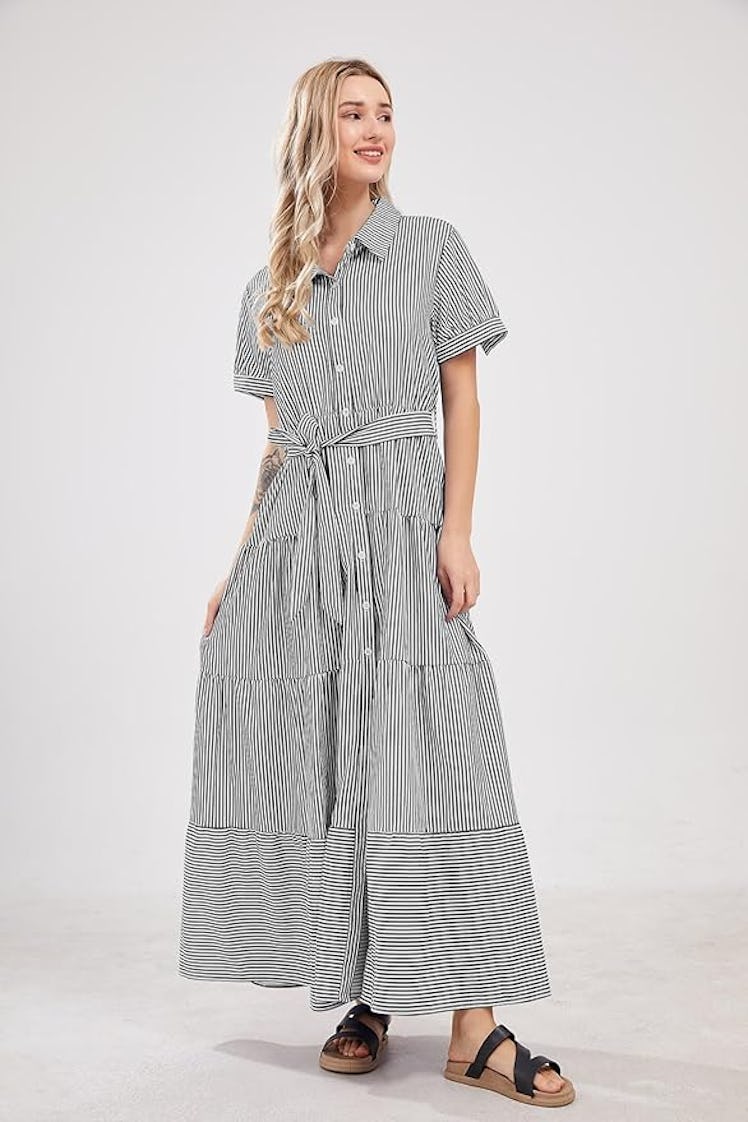 utcoco Tie-Waist Ruffled Striped Maxi Shirt Dress