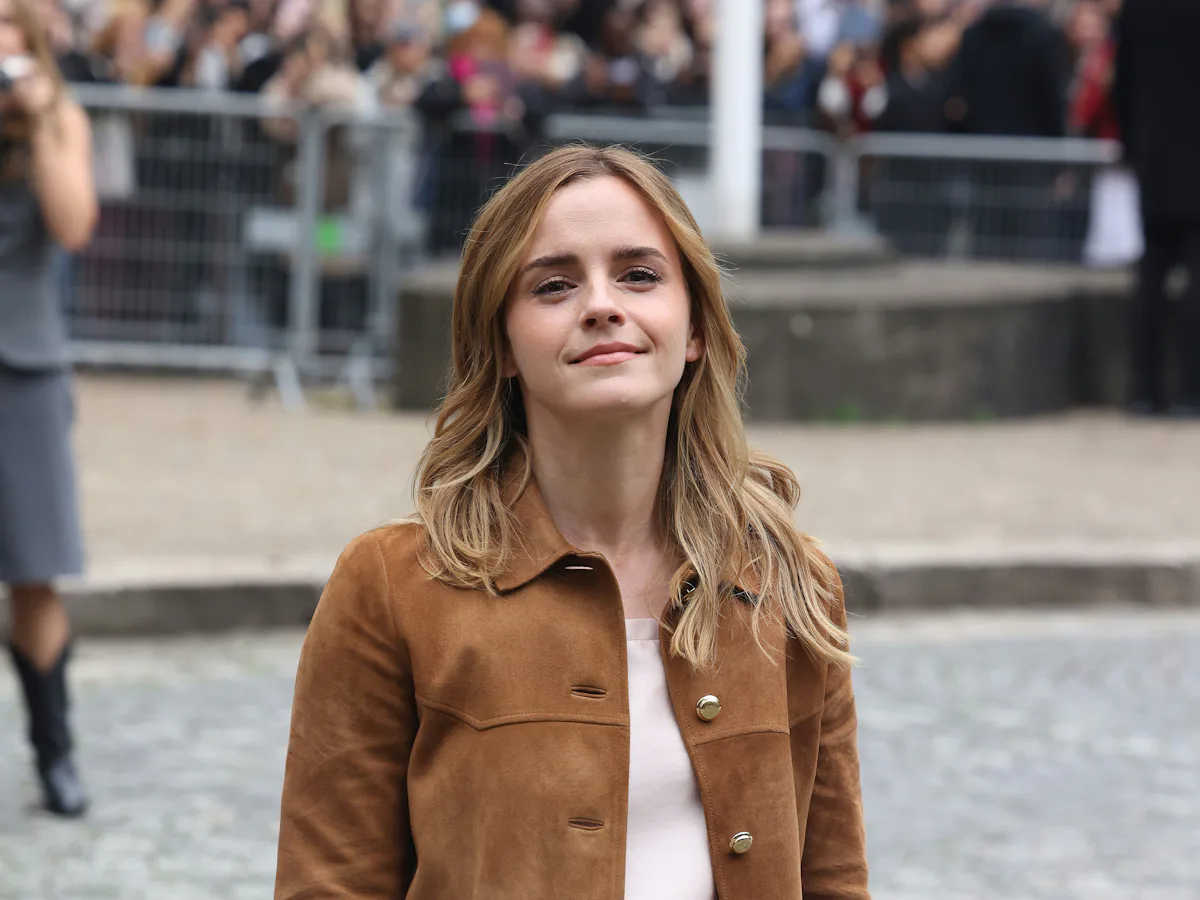 emma watson brown dress Emma Watson Flashes Diamond Ring in Rare Paris Fashion Week Outing