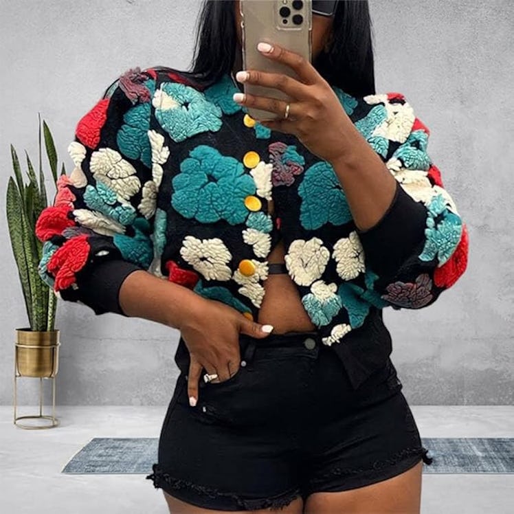 HOULENGS Fleece Floral Bomber Jacket