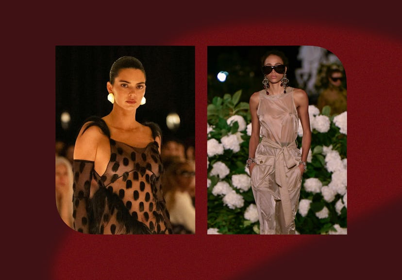Kendall Jenner at Schiaparelli and a model at Saint Laurent's Paris Fashion Week Spring/Summer 2026 ...