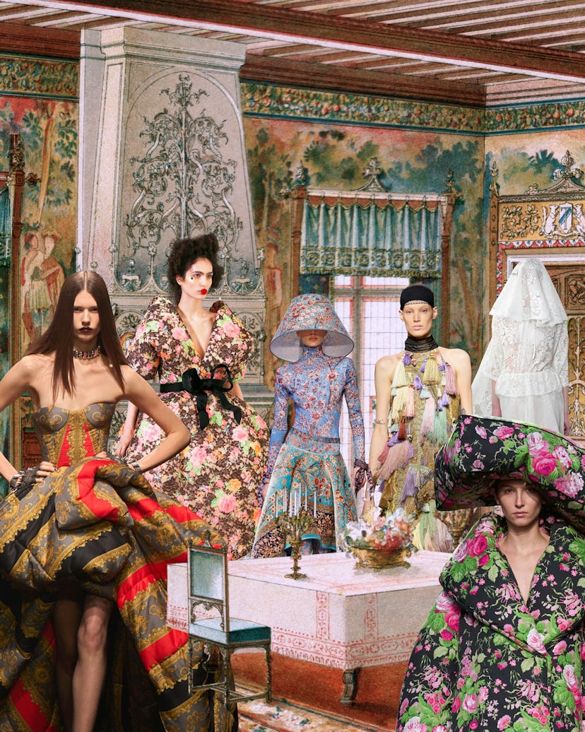 Dresses are taking inspiration from drapes, tablecloths, and everything in between. From left: Looks...