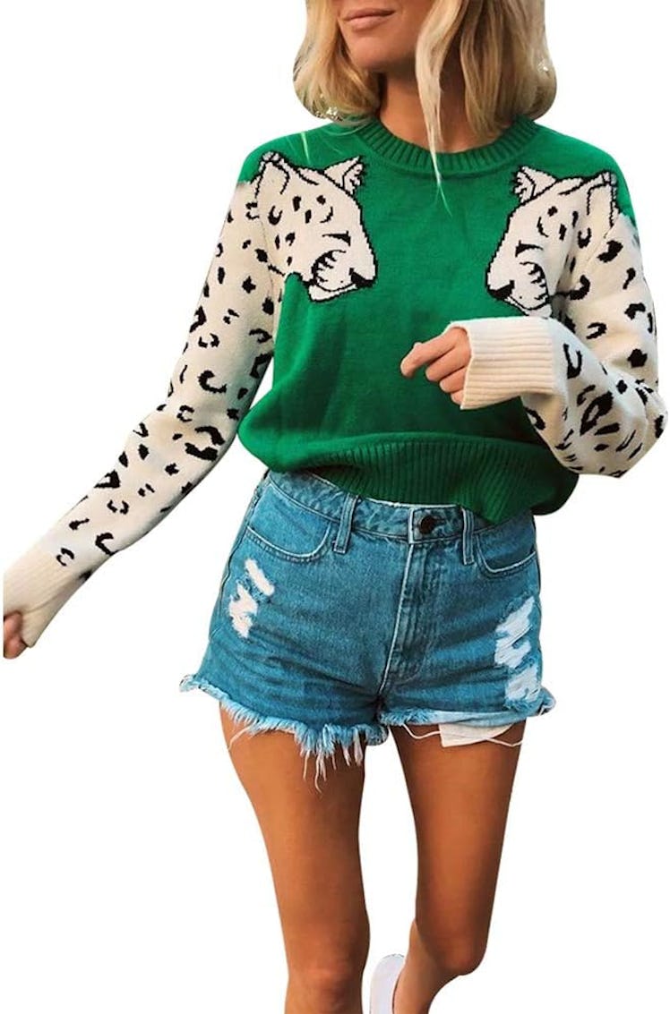 JUNBOON Leopard-Sleeve Sweater