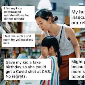 A woman and child are in a grocery aisle. Several text boxes overlay the image, displaying various c...