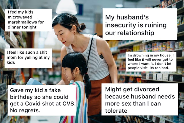 A woman and child are in a grocery aisle. Several text boxes overlay the image, displaying various c...
