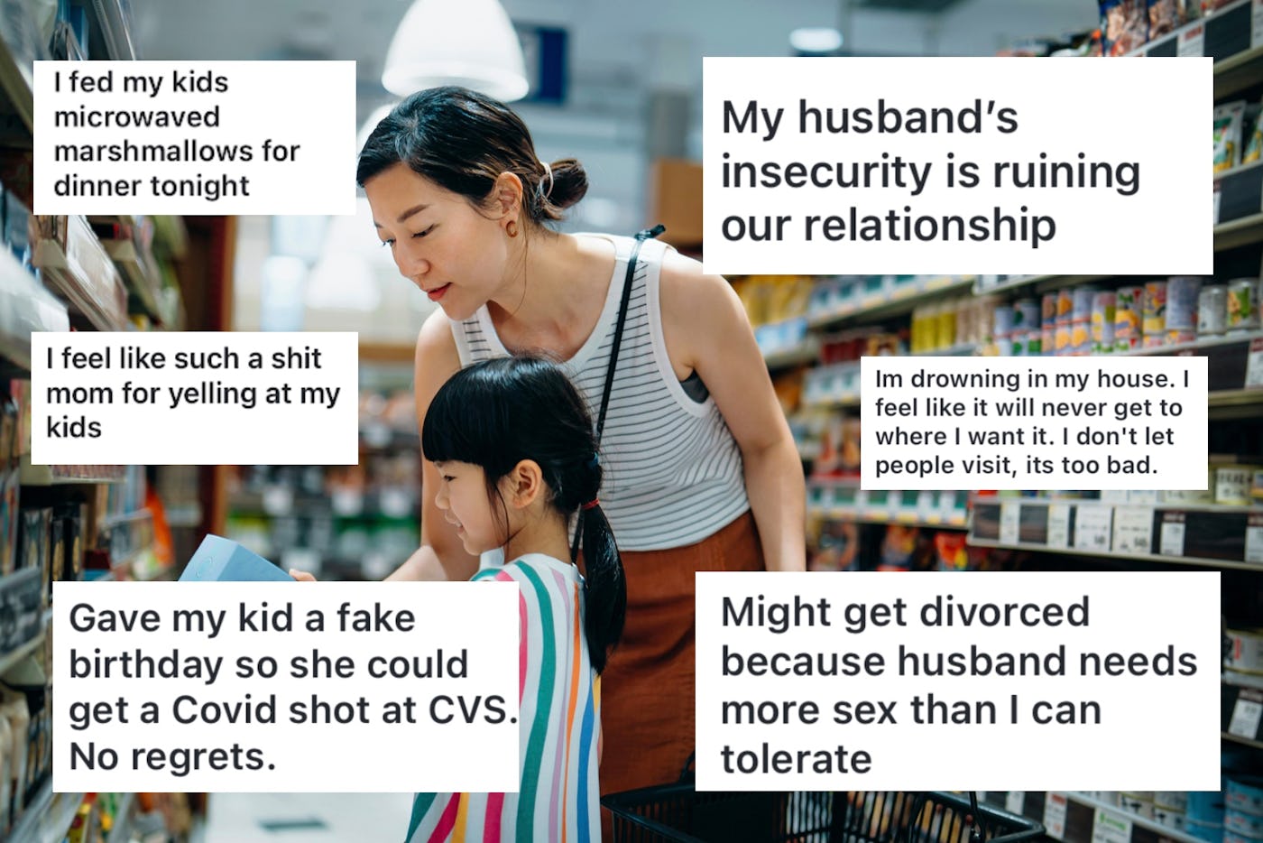 A woman and child are in a grocery aisle. Several text boxes overlay the image, displaying various confessions about personal and family challenges.