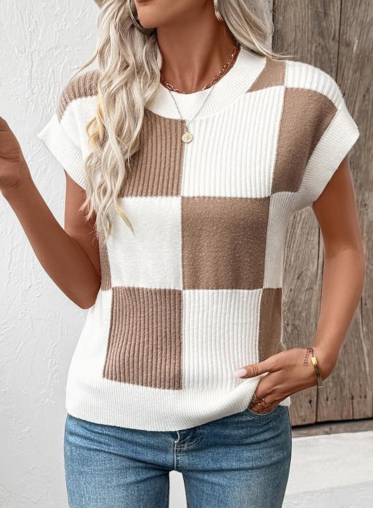EVALESS Short-Sleeve Color Block Sweater