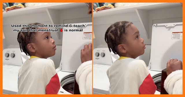 a mom explains that menstrual blood is normal to her young son.