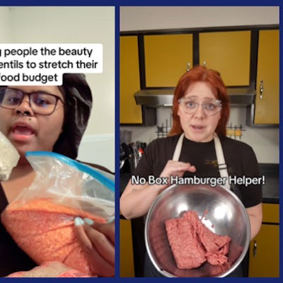 Screenshots of tik tok videos where creators are showing how to make struggle meals.