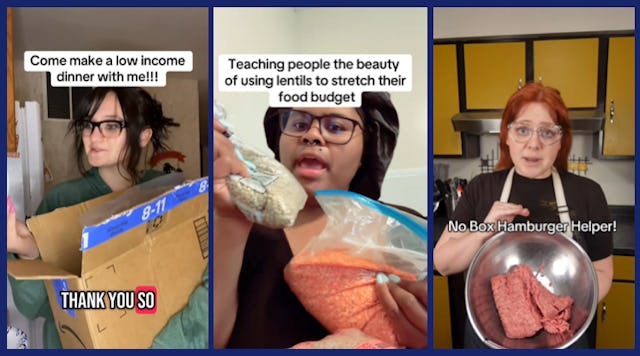 Screenshots of tik tok videos where creators are showing how to make struggle meals.